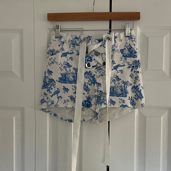 For Love And Lemons Pants - For Love & Lemons Women's Blue Toile Lace-Up Shorts